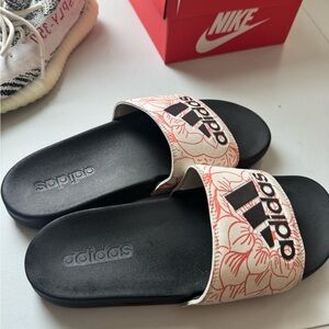 Adidas Black and Cream Floral Slides
